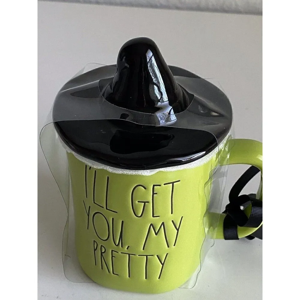 Rae Dunn Wizard of Oz Coffee Mug Green Wicked Witch Hat Topper Get You My Pretty